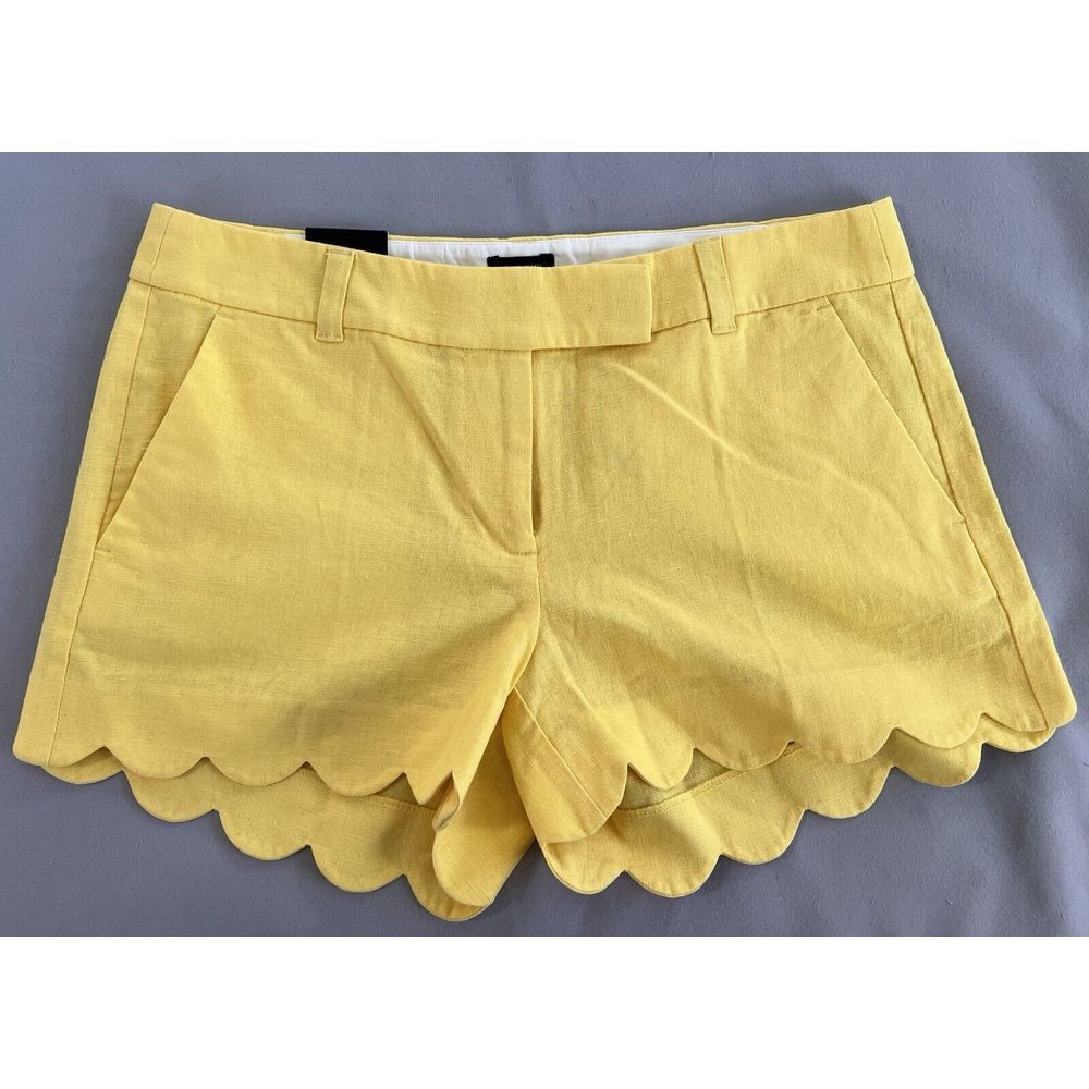 J Crew Shorts Women's 6 Yellow Scalloped Hem Chino Pockets Summer Linen Cotton